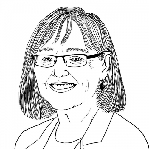 Black-and-white drawing of Deb Bergstrand
